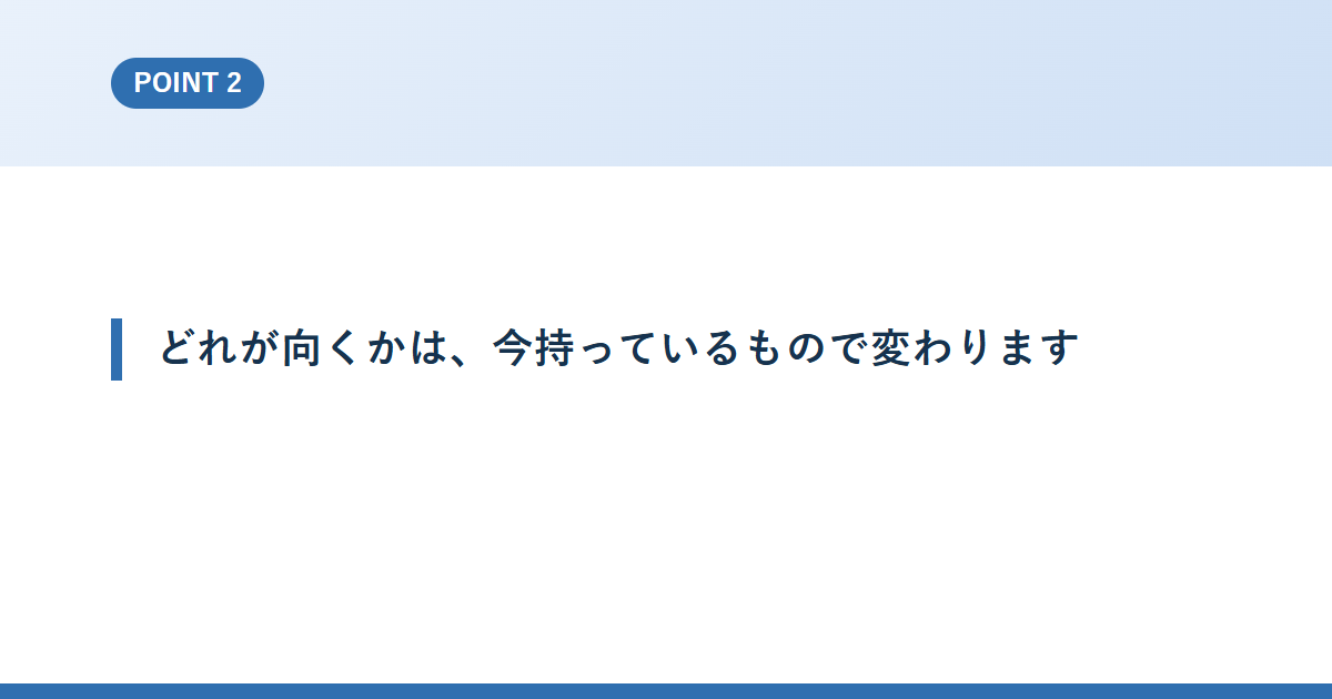 どれが向くかは、今持っているもので変わります